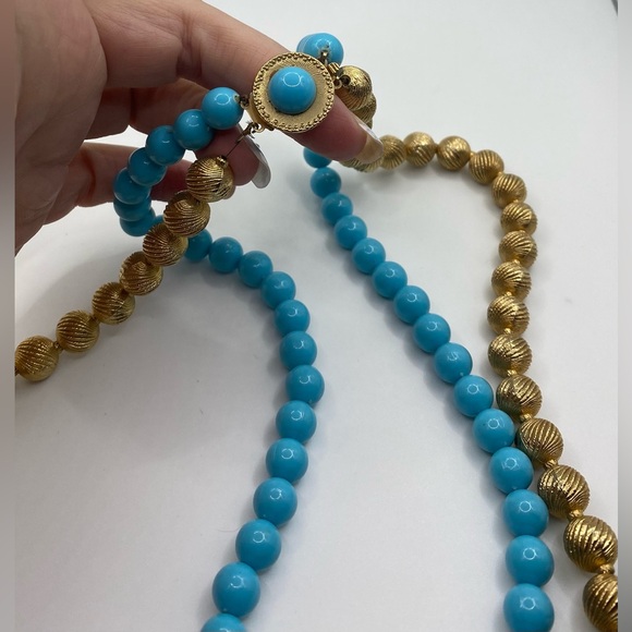 Coro Pegasus Turquoise and Burnished Gold Tone Double Strand Necklace Vintage - Picture 8 of 11